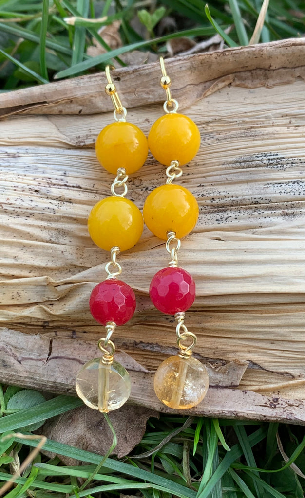 Yellow Jade & Red Quartz Beaded Drop Earrings