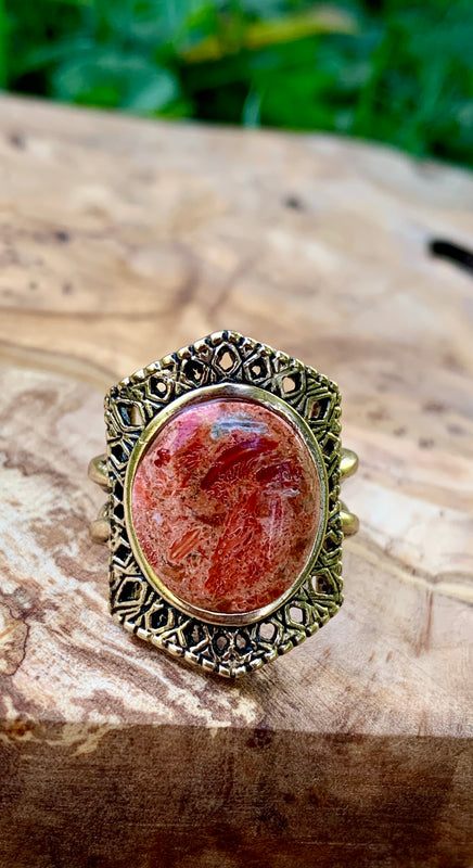 Orange Sponge Coral & Bronze Ring Size 7.5