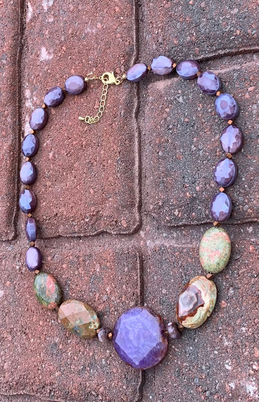 Purple Jasper, Quartz & Bronze Necklace