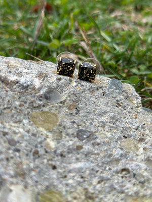 Mini Square Black & Gold Glitter Stud Earrings