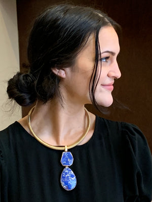 Natural Marbleized Blue Lapis Lazuli & Mesh Pendant Necklace