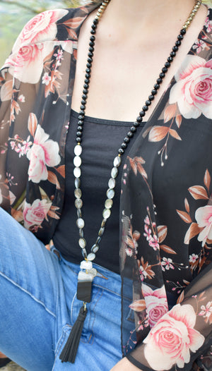 Black Mother of Pearl, Agate, Quartz, Onyx and Hematite Tassel Necklace