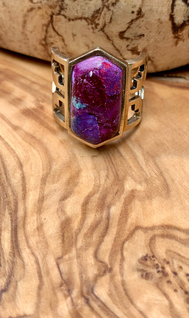 Purple Turquoise Design & Bronze Aztec Ring Size 7