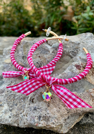 Lilly Flower Pink & White Wrapped Hoop Earrings