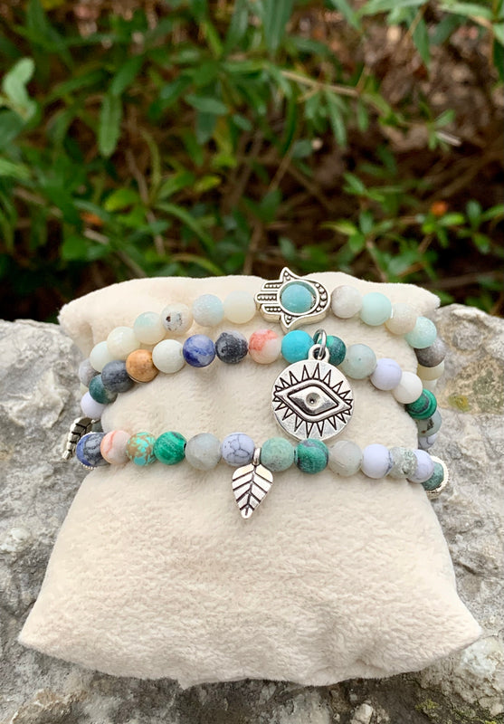 Evil Eye Agate 3-Strand Multi-Color Gemstone Bracelets