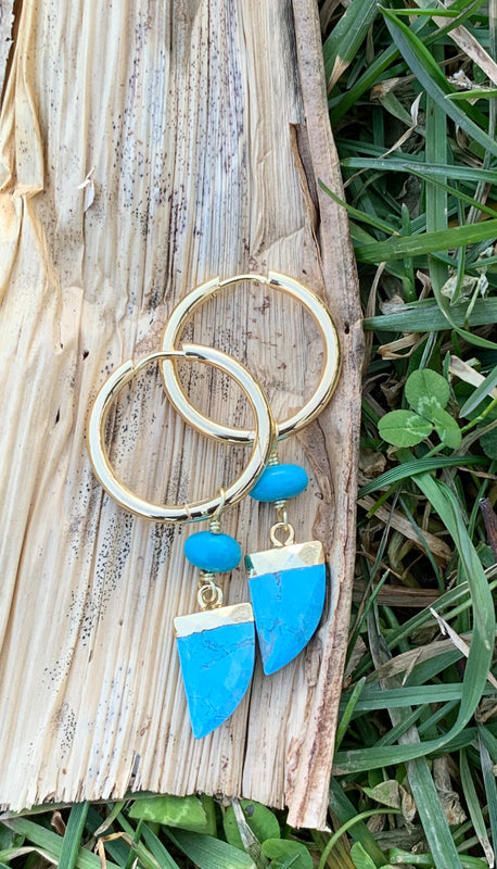 Turquoise Magnesite & Bronze Hoop Horn Drop Earrings