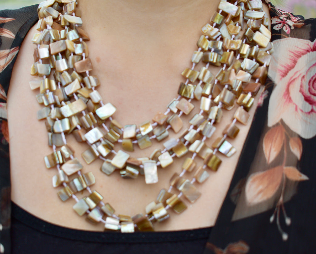 Genuine Bronze and Shell Multi-Colored Layered Statement Necklace