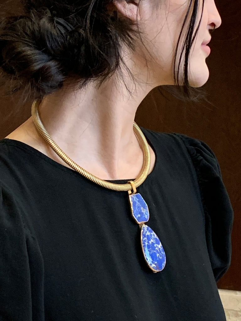 Natural Marbleized Blue Lapis Lazuli & Mesh Pendant Necklace