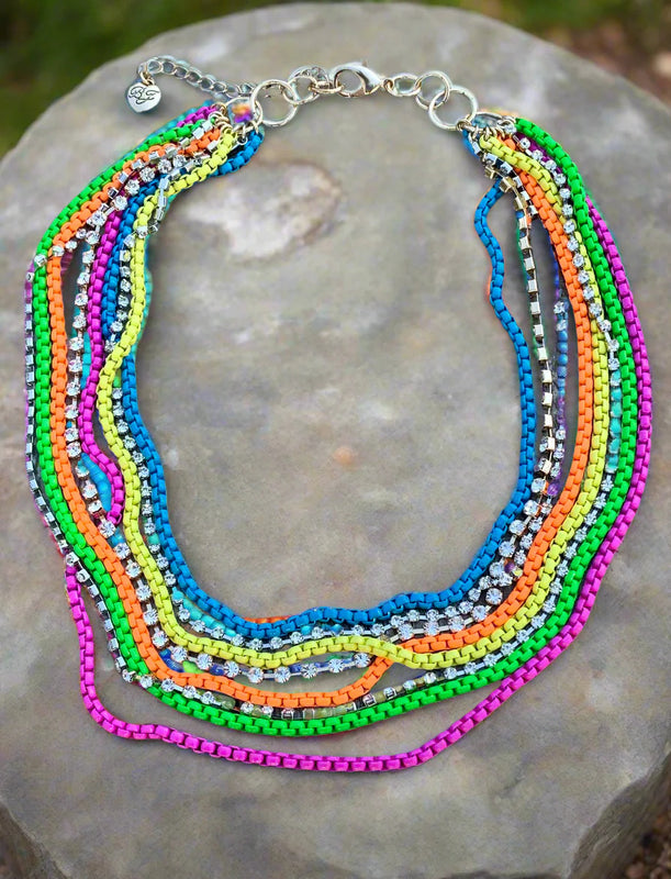 Betsey Johnson Nostalgic Multi-Color Multi-Row Chain Necklace