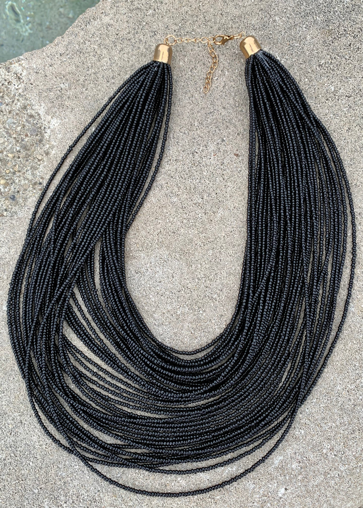 Black Multi-Layered Beaded Strand Bib Necklace