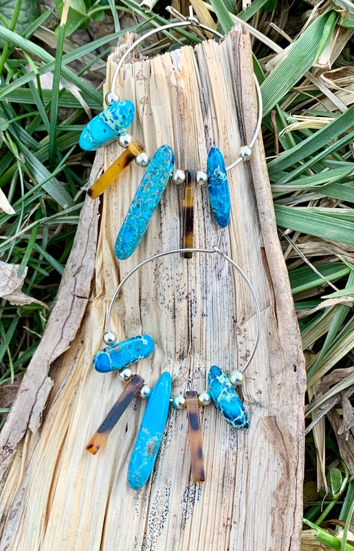 Turquoise Magnesite and Tortoise Shell Hoop Earrings