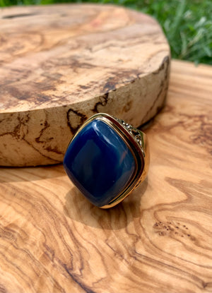 Blue Agate & Bronze Scrolled Ring Size 9