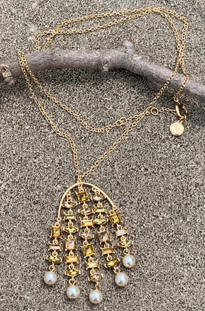 Metallic Multi-Layered Yellow & Pearl Jeweled Chandelier Necklace