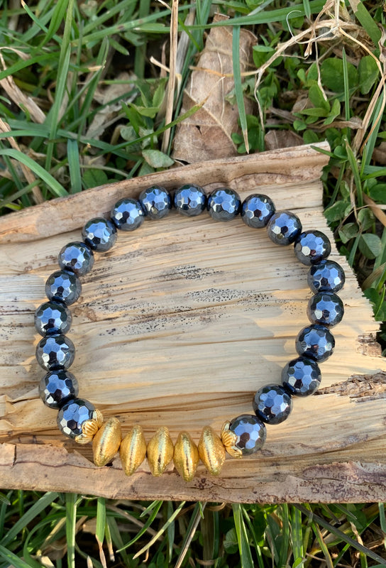 Blue Agate & Bronze Beaded Bracelet