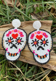 White & Black Multi-Color Beaded Skull Earrings