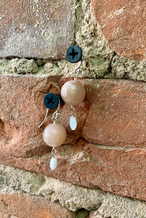 Barse Peach Agate & MOP Dangle Beaded Teardrop Sterling Silver Earrings