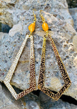 Yellow Pearl & Hematite Gold Hammered Geometric Shaped Earrings