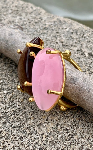 Rose Quartz & Tigers Eye Double Stone Adjustable Ring