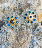 Vince Camuto Blue & Green Crystal Gold Flower Stud Earrings