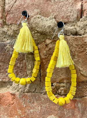 Barse Yellow Magnesite Beaded Teardrop Earrings with Fringe Tassels