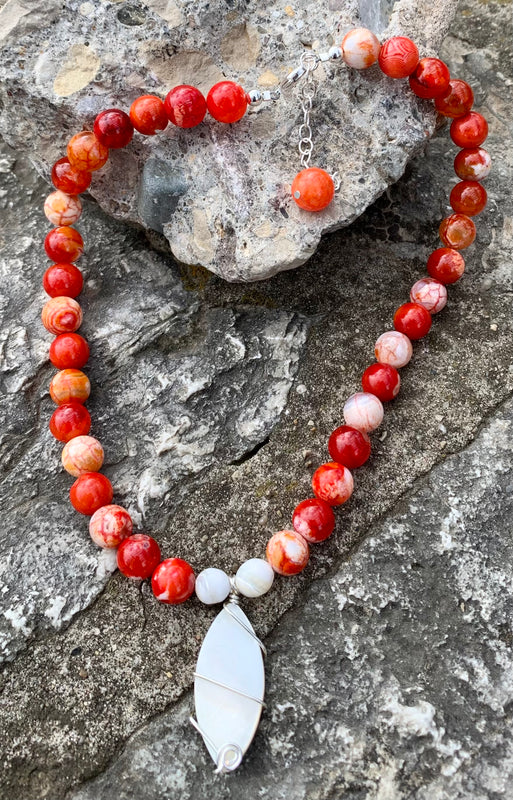 "The Sun is the Sun" Orange Agate & Shell Pendant Choker Necklace