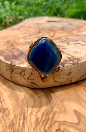Blue Agate & Bronze Scrolled Ring Size 9