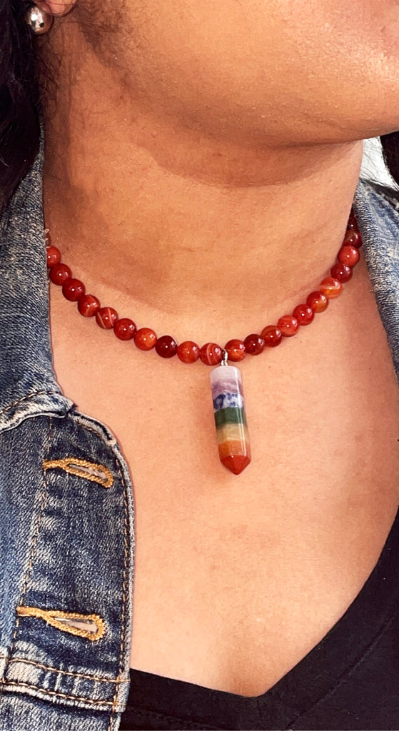 "Align My Chakra" Red Agate Arrow Pendant Choker Necklace