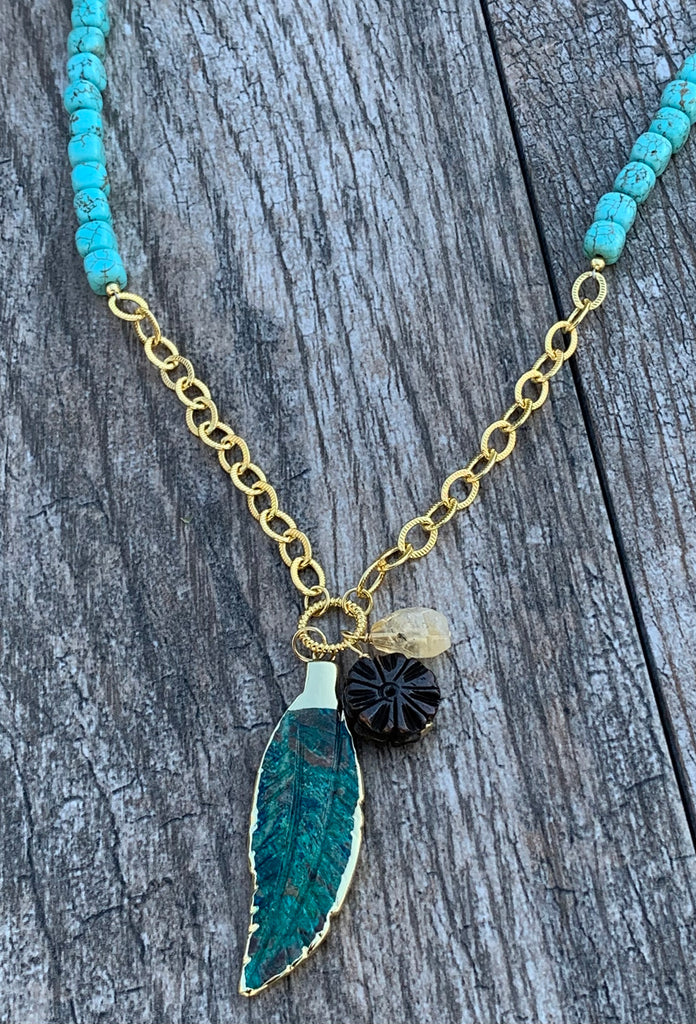Carved Chrysocolla & Turquoise Magnesite Long Pendant Feather Necklace