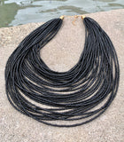 Black Multi-Layered Beaded Strand Bib Necklace