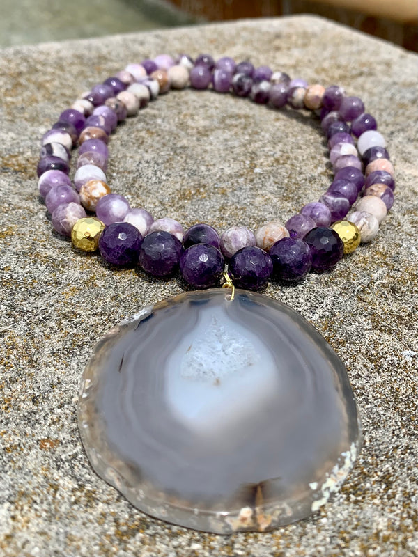 Barse Purple Amethyst & Purple Jasper Beaded Necklace With Large Agate Slab Pendant