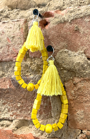 Barse Yellow Magnesite Beaded Teardrop Earrings with Fringe Tassels