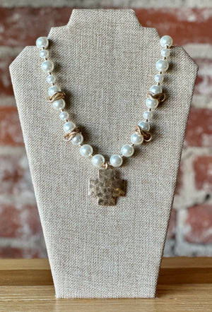 Brushed Gold Cross Pearl Necklace