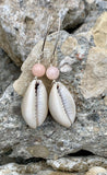 Barse Pink Quartz Beaded Cowrie Shell Drop Earrings