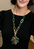 Green & Amber Flower Pendant Link Chain Necklace