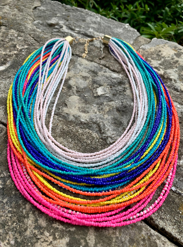 Multi-Layer Multi-Color Beaded Strand Bib Necklace