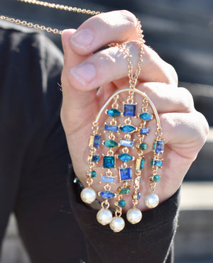 Metallic Multi-Layered Blue Jeweled Chandelier Necklace