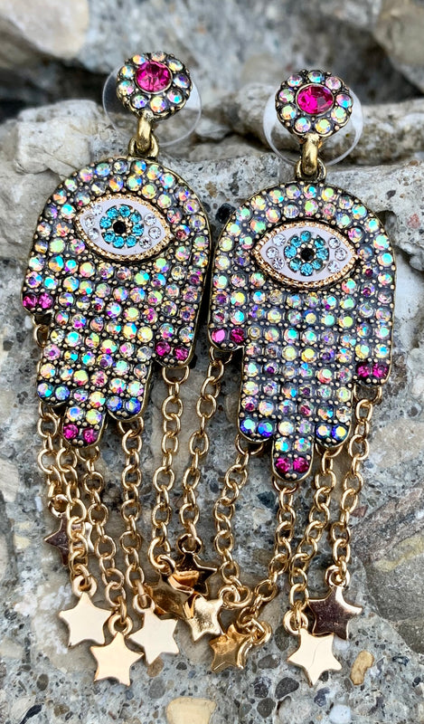 Betsey Johnson Evil Eye Multi-Color Stone Hamsa Hand Earrings