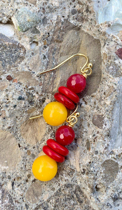 Yellow Jade & Red Quartz Bead Drop Earrings