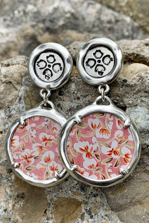 Patricia Nash Metallic Silver Pink & White Floral Leather Drop Earrings