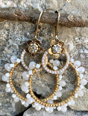 Gold-Tone Pavé Pearl Flower & Bead Open Drop Earrings