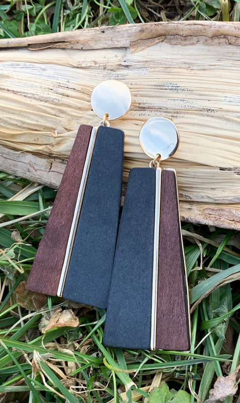 Gold, Brown & Black Rectangle Shaped Drop Earrings