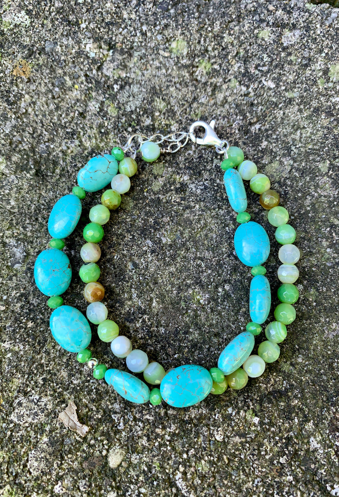 Barse Double Strand Agate & Turquoise Magnesite Sterling Silver Bracelet