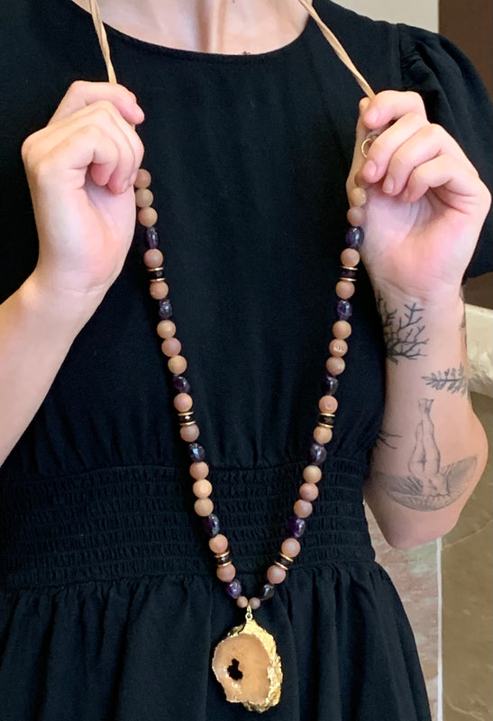 Amethyst, Bronze & Drusy Pendant Leather Strap Necklace