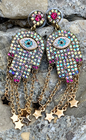 Betsey Johnson Evil Eye Multi-Color Stone Hamsa Hand Earrings