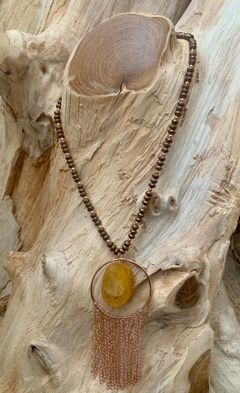 Barse Copper Coated Beaded Hematite Necklace With Drusy Pendant & Fringe Chain